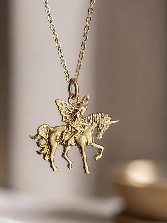 Gold Unicorn Fairy Necklace, Fantasy Jewelry, Witchy Jewelry, Equestrian Jewelry, Gold Plated Fairy Charm Necklace, Whimsical Necklace