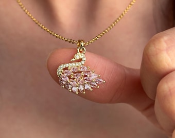 Swan Necklace, Pink Crystal Swan Pendant, Dainty Gold Bird Necklace, Romantic Jewelry Gift for Girlfriend, Swan Charm Necklace