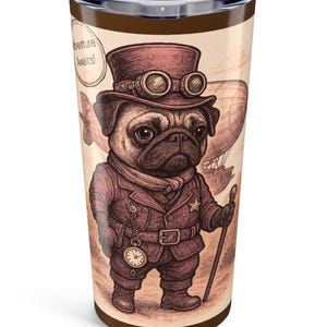 Steampunk Pug Coffee Tumbler 20oz, Insulated Travel Mug, Stainless Steel Cup, Gift for Dog Lovers, Hot Beverage Holder