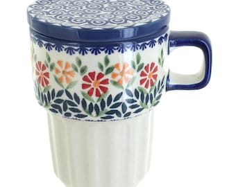 Taza de cerámica con tapa, hecha a mano, con diseño de ramo de jardín - 14 oz