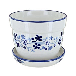 Hand-Painted Ceramic Flower Pot with Tray, Blue Floral Polish Pottery Planter