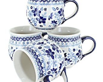 Juego de 4 tazas de burbujas Vintage Blue Daisy de 295 ml, cerámica hecha a mano, regalo de inauguración de casa, regalo de boda, regalo de Navidad, regalo para ella.