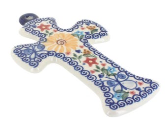 Hand-Painted Ceramic Cross Wall Art, Polish Pottery Folk Art Decor