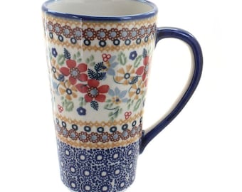 Taza de café con margaritas rojas hecha a mano: cerámica polaca, 14 oz