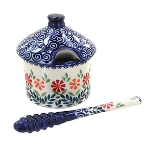 Handcrafted Ceramic Honey Pot with Dipper, Polish Pottery Bee Accent Kitchen Accessory