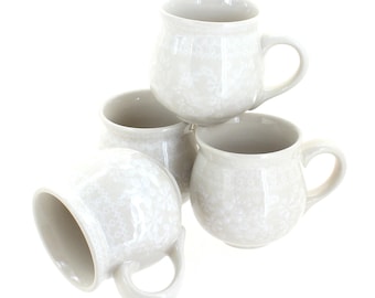 Juego de 4 tazas de burbujas de encaje blanco de 295 ml, cerámica hecha a mano, regalo de inauguración de casa, regalo de boda, regalo de Navidad, regalo para ella.