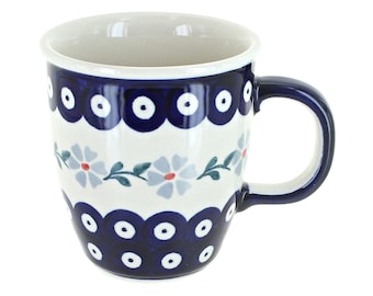 Taza de café de cerámica polaca hecha a mano, diseño floral azul violeta, 237 ml (8 oz)