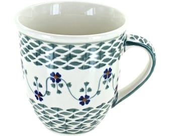 Handmade Sage Floral Breakfast Mug: Polish Pottery, 14 oz