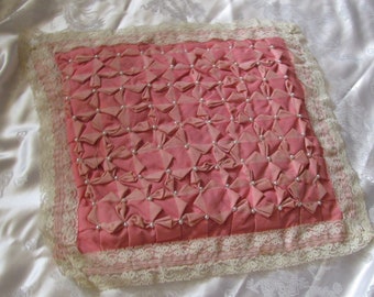 Vintage Handmade Pearl Beaded Lace Pink Fabric Pillow - 14" Square