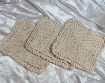 Handmade Knitted Wash Dish Face Cloth Set of 3 - 100% Cotton natural Off White Soft