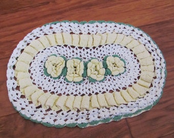 Doily Handmade Vintage Crocheted Doily 11" x 16" Inch Oval Large Doilies Yellow White Retro Farm House - More to choose from in my shop