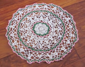Doily Handmade Vintage Crocheted Doily 14" Inch Round Large Doilies Pink White Retro Farm House - More to choose from in my shop