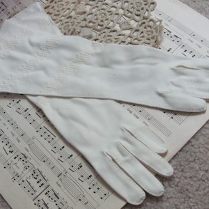 Vintage Off White Opera Formal Hand Stiched Cotton Gloves 14&quot; Long - Size 6.5 Small