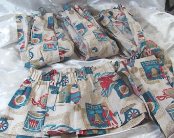 Vintage USA Patriotic Linen Curtain Panels Set of 4 plus Valance // Pinch Pleat Fabric Mid Century 24" x 27" + 10" x 52"