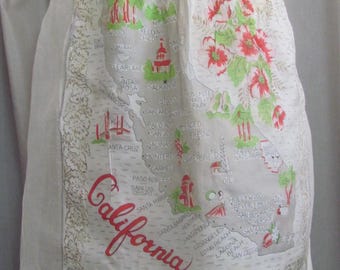 Beautiful CALIFORNIA Map Painted Sheer Apron Vintage Mid Century MCM // Antique Linens Hankies Table Cloths Napkins & More