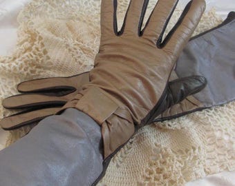 Echo // Lovely Brown Gold Leather Winter Gloves 15" Long Size Large Lined Warm Cold Weather // Vintage Ladies Driving Fashion