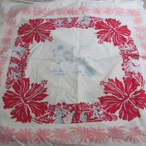 Vintage 1960s Souvenir Hawaii Hawaiian Quadratisch bedruckte Tischdecke Tischdecke Sammlerstück Siebdruck Karte Surfer Palmen Blumen