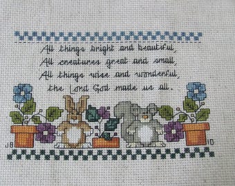 All Things Bright Beautiful // Vintage Hand Stitched Needlepoint Embroidery 4.5" x 7" Finished Complete Unframed