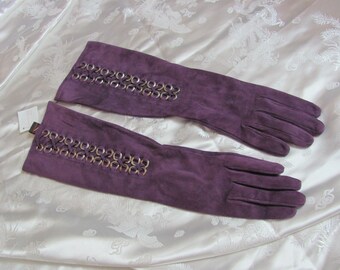 Wow! Sermoneta Italy // Vintage Italian Purple Suede Leather Gloves 16" Long Size 8 Silk Lined Unused New Old Stock