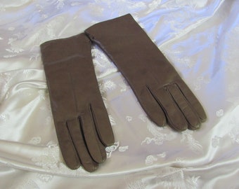 Wow! Vintage Brown Kid Skin Leather Fur Lined Wrist Gloves 11.5" Long Size 7.5 Medium - Unused New