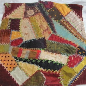 Hand Stitched Crazy Quilt Piece Square Block 13&quot; // Early Century Antique Silk Velvet Fancy Embroidered Over 100 years // others in my shop