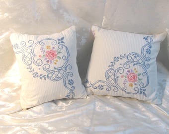 Pair of Throw Pillows Made from Antique Vintage Linens // Early Century Handmade Hand Stitched Embroidered Bedroom Decor