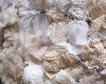 Lot Vintage Laces Doilies Trims Fabric Pieces Bundle Scraps Crafts Journal Snippets Slow Stitch Mystery Doily