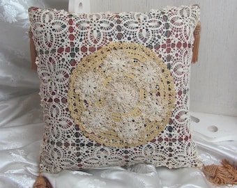 Throw Pillow Made from Antique Doilies Doily // Early Century Vintage Handmade Lace Crochet Reclaimed Repurposed Hand Stitched