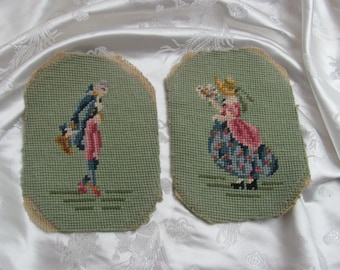 Antique Hand Stitched Needlepoint Embroidery to frame // Tapestry Canvas Green Pictoral // Repurpose Reuse Restore Frame