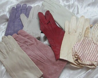 Lot of 8 SINGLE Kid Skin Suede Leather Wrist Gloves for Crafts Cutting Repurpose Reuse Recycle // Red Lavender White Pink