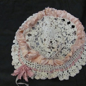 Bonnet - Lovely Antique Handmade Crocheted Lace Silk Baby Bonnet Hat - Restoration Project
