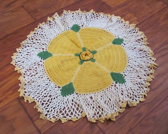 Doily Handmade Vintage Crocheted Doily 19" Inch Round Large Doilies Yellow White Ruffled Retro Farm House - More to choose from in my shop