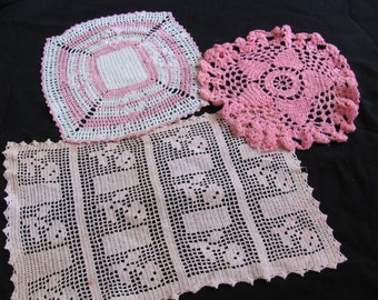 Doily - Lot of 3 Handmade Vintage Crocheted Pink Doilies