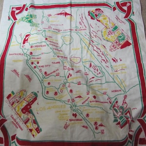 Vintage 1980s Souvenir Kalifornien Quadratisch bedruckte Tischdecke Tischdecke Sammlerstück Siebdruck Landkarte State Flanell 32 "x 36"