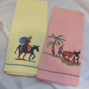Juego de 2 toallas de mano vintage de algodón amarillo y rosa para cocina y baño (n.° 240)