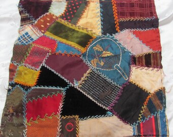 Hand Stitched Crazy Quilt Piece Square Block 13" // Early Century Antique Vintage Embroidered Over 100 years // others in my shop
