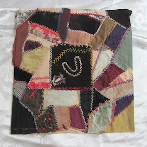 Hand Stitched Crazy Quilt Piece Square Block 12&quot; // Early Century Antique Silk Velvet Fancy Embroidered Over 100 years // others in my shop