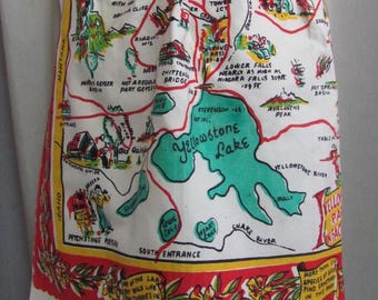 Beautiful Yellowstone Park Map Souvenir Apron Vintage Mid Century Nice // Antique Linens Hankies Table Cloths Napkins & More