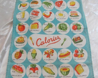 Vintage CALORIES Linen Printed Dish Kitchen Towel Food Drinks Blue White Novelty //  Many more to choose from in my shop!