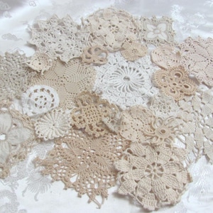 Lot of 22 Vintage Crochet Doilies Assorted Sizes Shapes - Rescued Recycled Crafts Applique Lace Slow Stitch Junk Journal Crocheted Doily