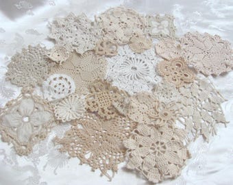 Lot of 22 Vintage Crochet Doilies Assorted Sizes Shapes - Rescued Recycled Crafts Applique Lace Slow Stitch Junk Journal Crocheted Doily