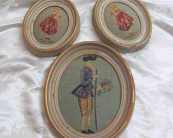 Set of 3 Framed Antique Hand Stitched Needlepoint Embroidery Oval // Tapestry Canvas Green Pictoral Colonial