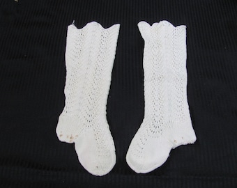 Antique Vintage Hand Knit Crocheted Cotton Child Socks Early Century Knee High Doll Clothes Clothing Stockings