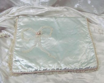 Vintage Blue Satin & Lace Embellished Satin Pouch Lingerie Holder Case Storage Handmade 13" x 17"
