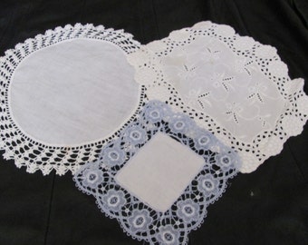 Doily Lot of 3 Assorted Handmade Vintage Crocheted Linen Doilies 7" to 12" -  #23A