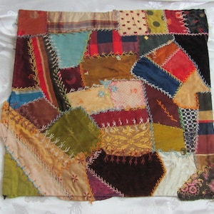 Hand Stitched Crazy Quilt Piece Square Block 13&quot; // Early Century Antique Silk Velvet Fancy Embroidered Over 100 years // others in my shop