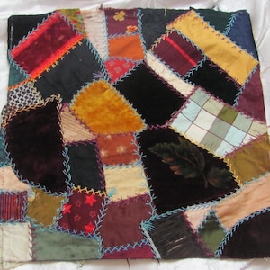 Hand Stitched Crazy Quilt Piece Square Block 13&quot; // Early Century Repurpose Silk Velvet Fancy  Embroidered Patchwork // Others in my shop