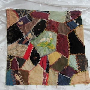 Hand Stitched Crazy Quilt Piece Square Block 13&quot; // Early Century Antique Silk Velvet Fancy Embroidered Over 100 years // others in my shop