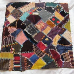 Hand Stitched Crazy Quilt Piece Square Block 13&quot; // Early Century 19th Antique Vintage Unique Silk Velvet Embroidered // Others in my shop