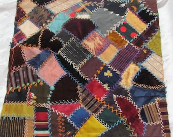 Hand Stitched Crazy Quilt Piece Square Block 13&quot; // Early Century 19th Antique Vintage Unique Silk Velvet Embroidered // Others in my shop